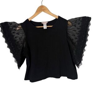 Womens Black Slub Tee Size L Feminine BOHO Romantic Ethereal Lace‎ Sleeve